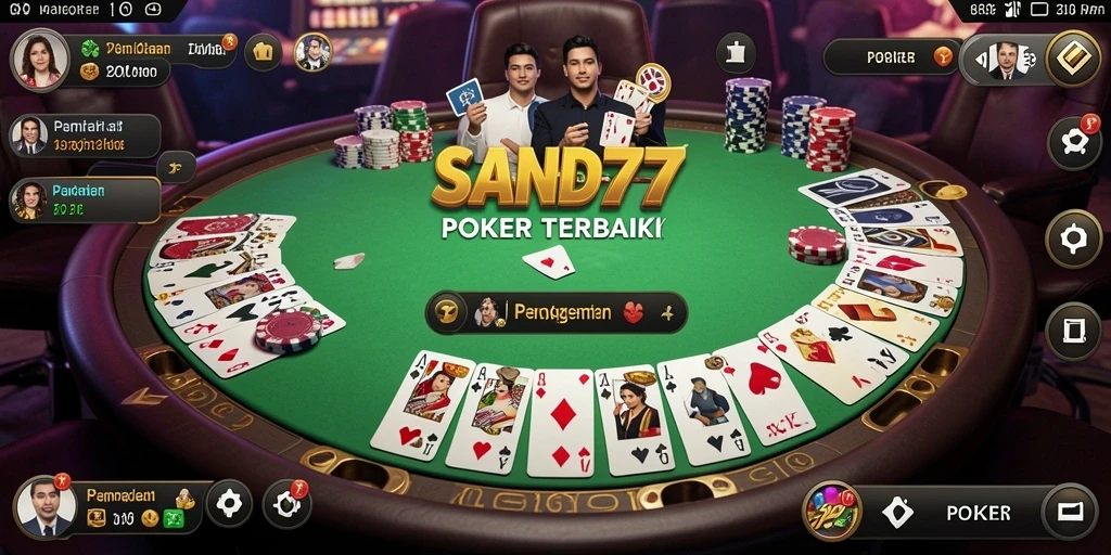 Screenshot antarmuka SAND77 dengan tampilan permainan Poker yang menarik.